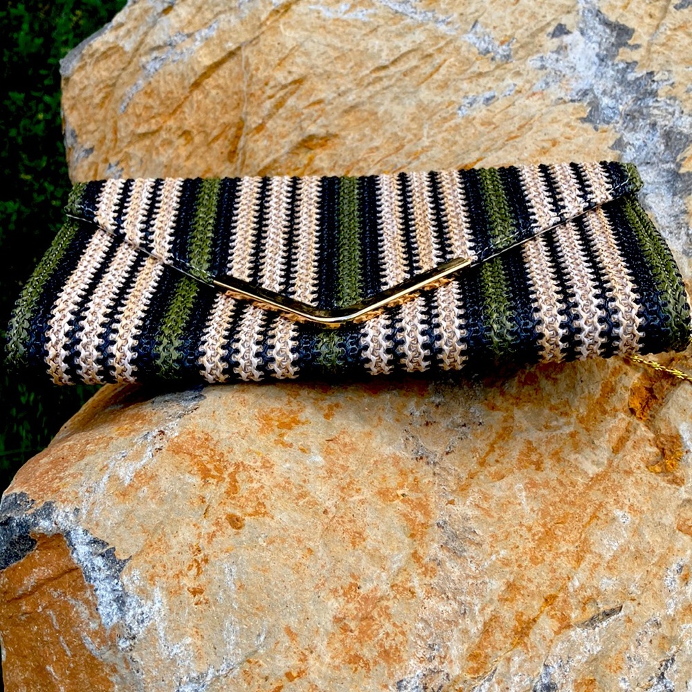 Black tan and forest green striped clutch bag golden embroidery and chains